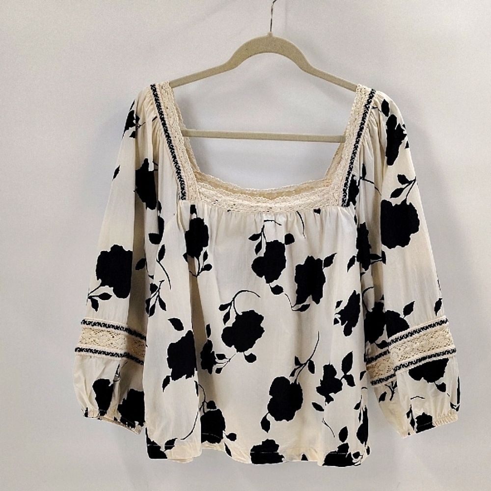 Boho Square-Neck Floral Peasant Top - Cream & Black